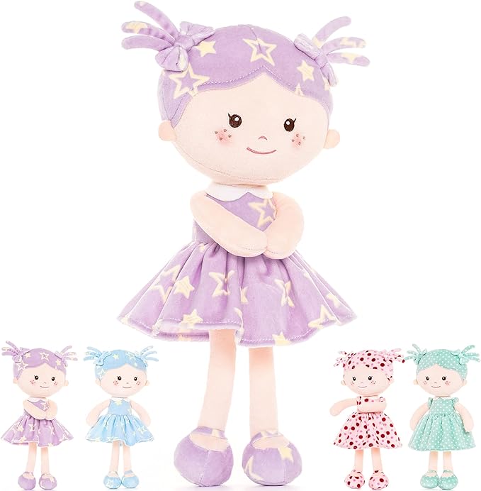 Onetoo Rag Doll Plush Baby Doll Soft Baby Doll for Girls First Baby Doll Plush Sleeping Cuddle Buddy Doll Wear Star Purple Sleeveless Dress 14"