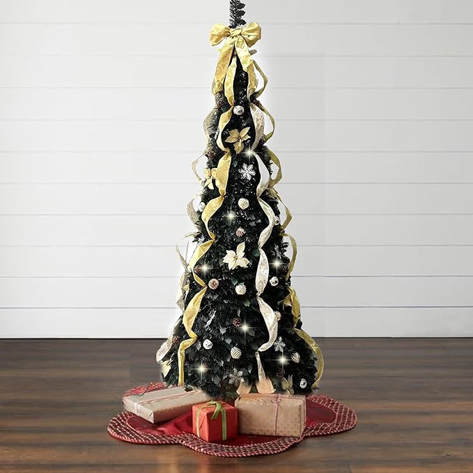BrylaneHome 4.5 Ft Fully Decorated Pre-Lit Pop-Up Christmas Tree with 100 Warm Lights & Included Stand, Collapsible, Easy Assembly - Silver Gold