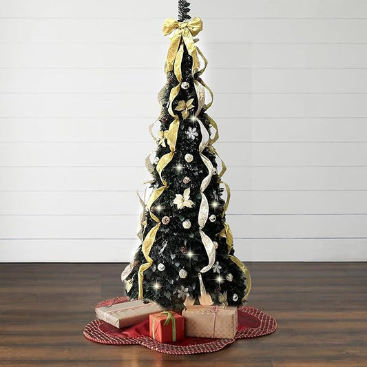 BrylaneHome 4.5 Ft Fully Decorated Pre-Lit Pop-Up Christmas Tree with 100 Warm Lights & Included Stand, Collapsible, Easy Assembly - Silver Gold