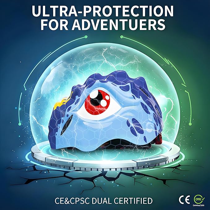 KINGBIKE Toddler Helmet 2-3-5-8 Years Kids Balance Bike Helmets Size Adjustable 3D Dinosaur with Led Light for Skateboard Scooter Cycling Skaterolling