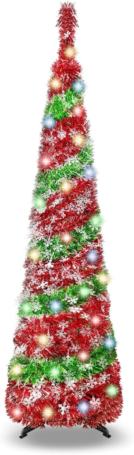 5FT Christmas Trees with 90 Lights, Collapsible Artificial Sequin Pop Up Christmas Tree, Tinsel Slim Pencil Christmas Tree for Home Holiday Fireplace Party Indoor Outdoor Xmas Decorations