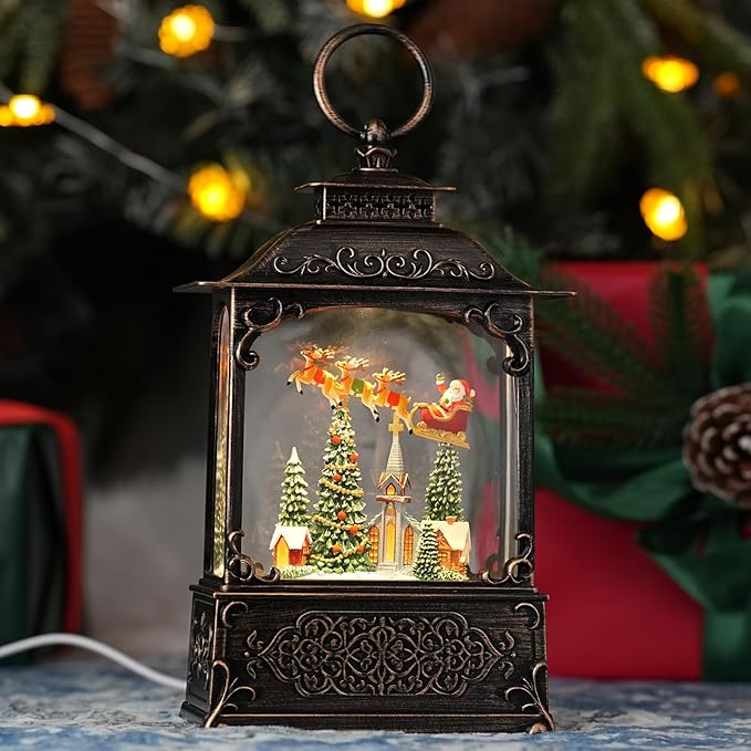 Christmas Snow Globe with Santa & Flying Reindeer Sleigh Church Sence, Light Up Christmas Snow Globes with Music Timer - Glitter Globe Indoor Christmas Decorations