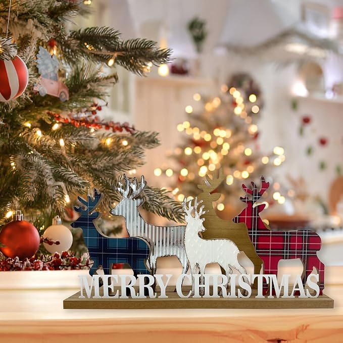 Christmas Decorations for Home Elk Merry Christmas Sign Wooden Decorative Block Rustic Farmhouse Tabletop Xmas Party Holiday Décor for Living Room, Dining Table, Mantel, Tiered Tray, Gift