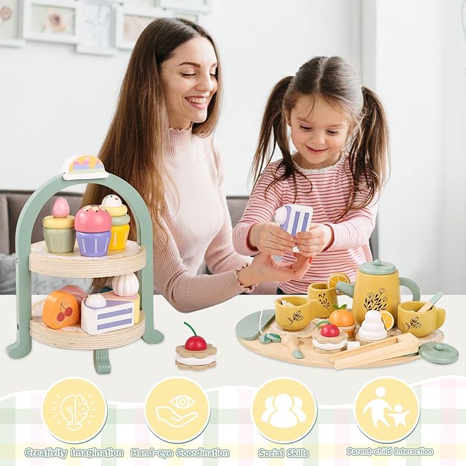 Wooden Tea Party Set for Little Girls, Toddler Tea Set with Cupcake Stand & Food Dessert, Pretend Play Food Kitchen Accessories for Kids Girls Age 2 3 4 5 6 Birthday Gift Wood Educational Toys