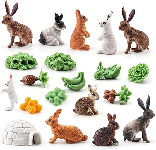 Mini Rabbit Action Figures with Holes Toys Set 21PCS for Toddlers Rabbits Toys Cake Toppers Bunny Figurines Gifts for Kids Boys and Girls Doll House Accessories