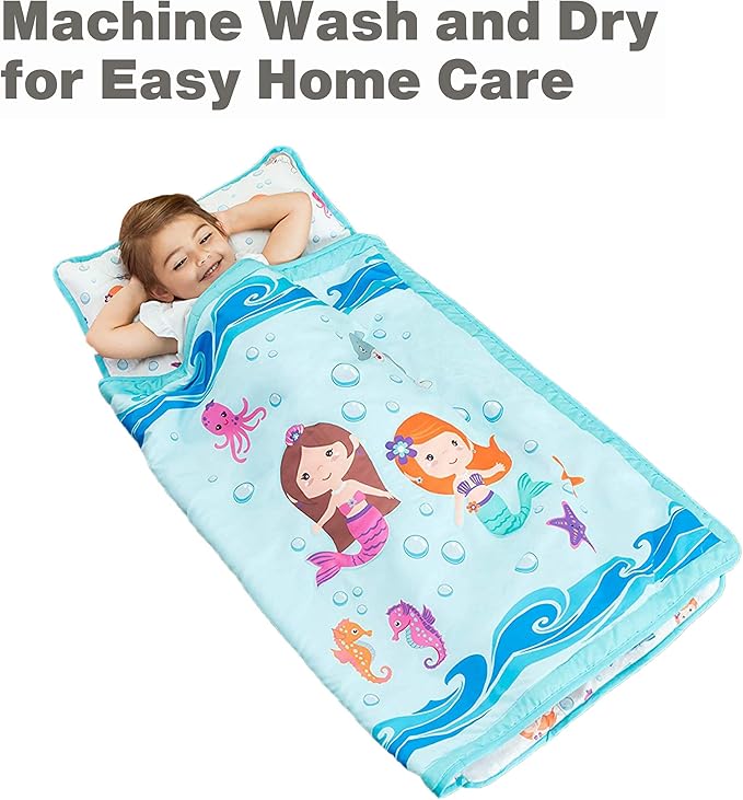 EVERYDAY KIDS Toddler Nap Mat with Removable Pillow -Underwater Mermaids- Carry Handle with Fastening Straps Closure, Rollup Design, Soft Microfiber for Preschool, Daycare Sleeping Bag, Ages 2-6 years