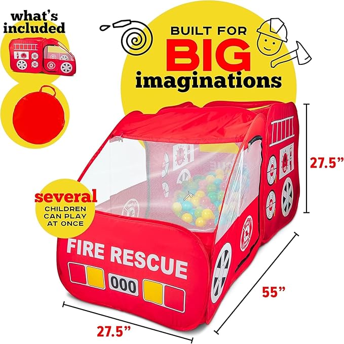 Kiddey Fire Truck Tent for Kids | Firetruck Play Tents with Sirens and Fireman Sounds for Girls, Boys, & Toddlers Gifts | Red Fire Engine Pop Up Playhouse with Costume | Indoor & Outdoor Baby Tent