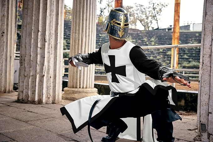 Ryannology Mens Crusader Costume Medieval Templar Renaissance Knight Warrior Tunic Retro Halloween Cosplay Top with Cross