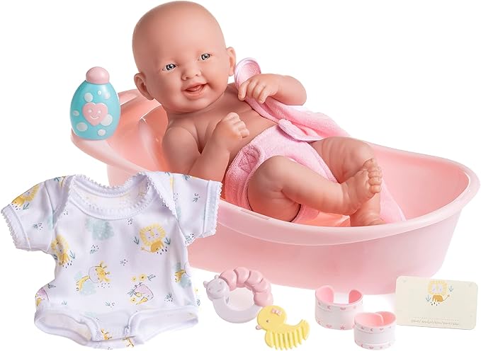 8 piece Layette Deluxe Bathtub Gift Set | JC Toys - La Newborn | 14" Life-Like Smiling Vinyl Newborn Doll w/ Accessories | Pink | Waterproof |Ages 2+