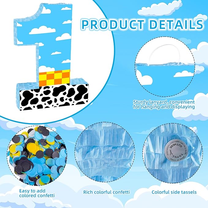 16 Inch Number 1 White Cloud Pinata with 16 Inch Piñata Stick Blindfold Confetti for Boy Girl Kids 1st Birthday Party Decorations(1st)
