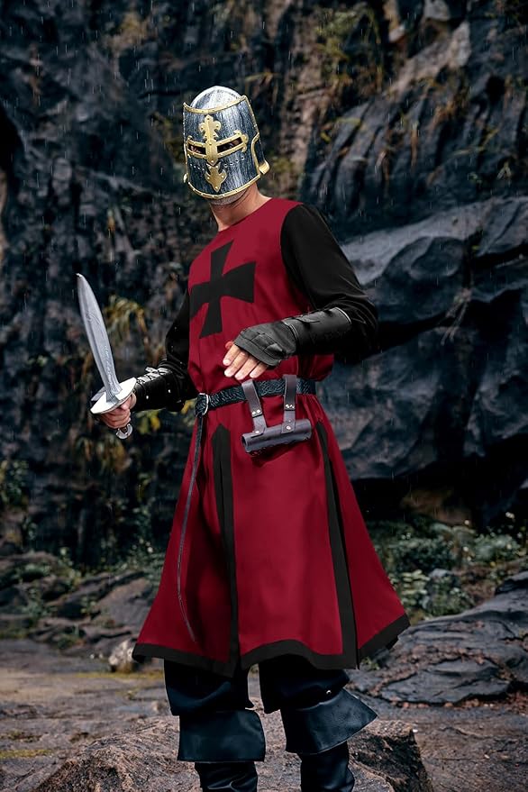 Ryannology Mens Crusader Costume Medieval Templar Renaissance Knight Warrior Tunic Retro Halloween Cosplay Top with Cross