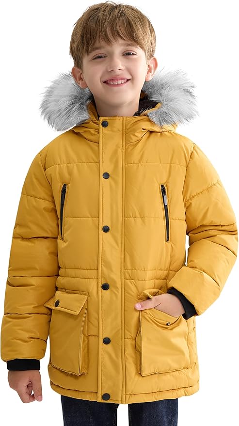 maoo garden Boys Puffer Winter Coat Big Kids Heavyweight Sherpa Lined Fur Hooded Jacket Water-Resistant Snow Parka