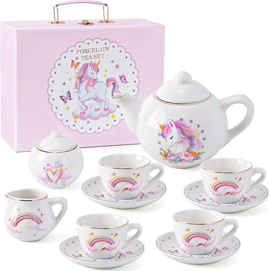 Tacobear Porcelain Tea Set for Girls Toys Unicorn Gift, 13pcs Tea Party Set with Teapot & Cup & Saucer & Suitcase, Kid Kitchen Pretend Playset Birthday Unicorn Toys for Girls 3 4 5 6-8