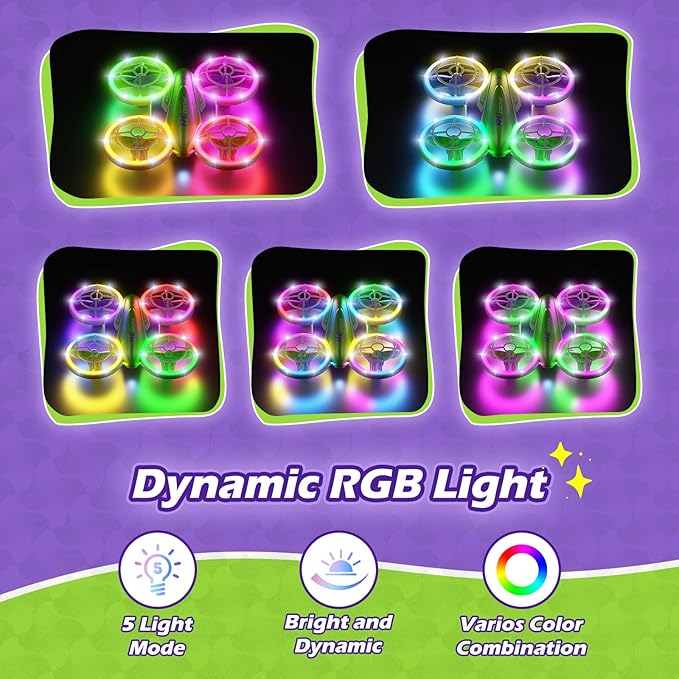 LED RC Drone for Kids 6+, Christmas Birthday Gift for Boys & Girls with Remote Batteries, 360° Flips, 3 Speed Modes, 45 Min Flight Indoor and Outdoor Flying Toy - Green Purple