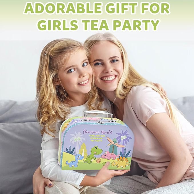 Dinosaurs Tea Party Set for Little Girls, Pretend Plastic Teapot Set, Princess Tea Time Play Kitchen Toy with Dessert, Carrying Case for Birthday Easter Gifts Kids Toddlers Age 3 4 5 6