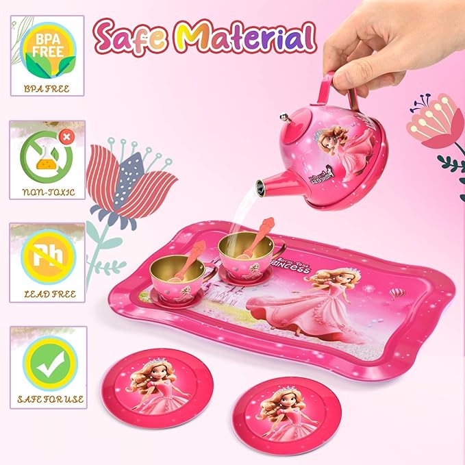 19-Piece Princess Tea Party Set for Girls, Pretend Play Tin Tea Set with Carrying Case, Kids Party Toys for 3-6 Year Olds