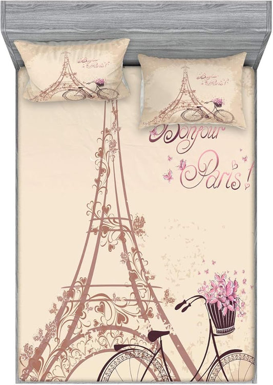 Ambesonne Paris Fitted Sheet & Pillow Sham Set, Eiffel Tower Floral Style Romantic Vintage Bike with Flowers Bonjour Paris Words Print, Decorative Printed 3 Piece Bedding Decor Set, Calking, Beige