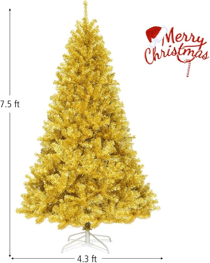 GOFLAME 7.5 FT Christmas Tree, 1036 Branch Tips, Artificial Tinsel Christmas Tree with Metal Stand, Artificial Hinged Christmas Tree for Indoor and Outdoor Holiday Decoration, Champagne Gold