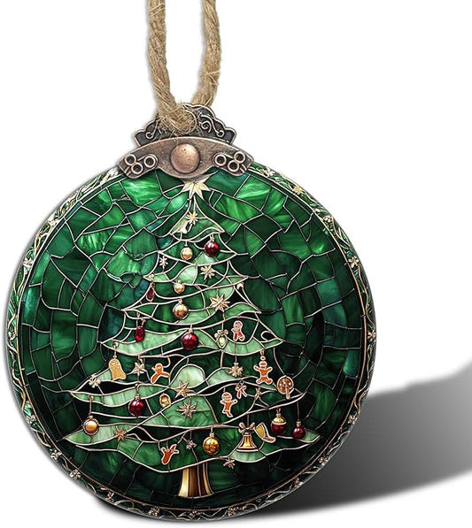 Stained Glass Christmas Decorations, Small Bell Pendant Suncatcher for Window Christmas Tree Hanging Ornaments Retro Green Sun Catcher Xmas Decor Gifts for Women Men Mom Nana Friend