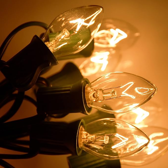 C7 Christmas Lights Outdoor, 25Ft C7 Warm White Christmas Decorations String Lights with 27 Clear Incandescent Bulbs, Vintage Christmas Lights for Roofline House Garden Patio Xmas Tree Party, Green