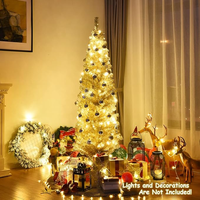 HAPPYGRILL 6 Feet Champagne Pencil Christmas Tree Artificial Slim Christmas Tree Skinny Xmas Tree with Metal Stand, Realistic Unlit Pine Tree with 520 Branch Tips for Indoor Outdoor