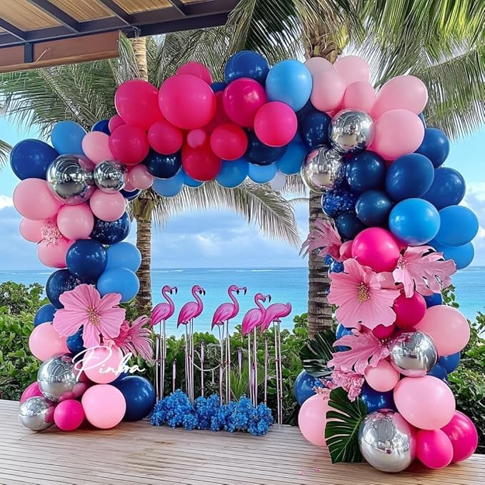 Navy Blue Pink Balloon Garland Double Stuffed Dark Blue Hot Pink Silver Balloons Royal Pastel Balloon Arch Kit for Birthday Gender Reveal Baby Shower Graduation Hawaii Party Decorations