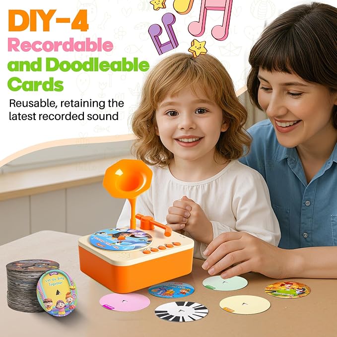 Kids Phonograph Toddler Record Player， with 96 Learning Cards, Early Education Machine Record Player Music Box Storyteller pop Speakers, Gift for Boys and Girls
