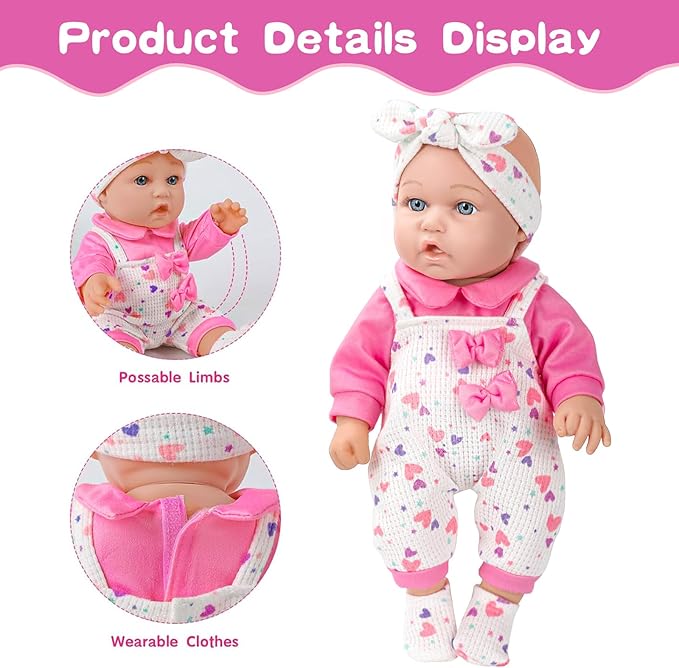 12" Baby Doll with Pink Bowknot Clothing Set,12 Inch Realistic Baby Dolls with Clothes and Accessories,Pacifier Bottle Toy Pretend Play Collection for 3+ Child Girls Gifts
