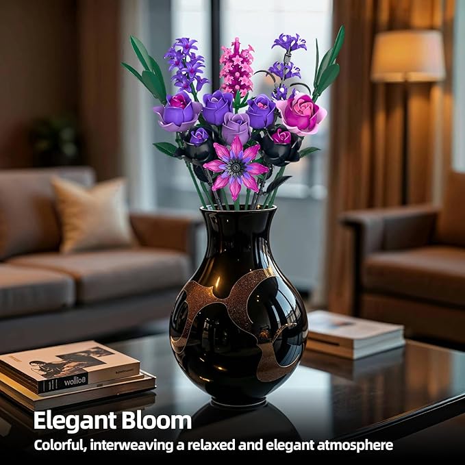 Purple Rose Bouquet Building Set - Compatible with Lego Flowers for Adults Women - Gothic Home Office Table Centerpiece Decor, Halloween Christmas Valentine's Gift