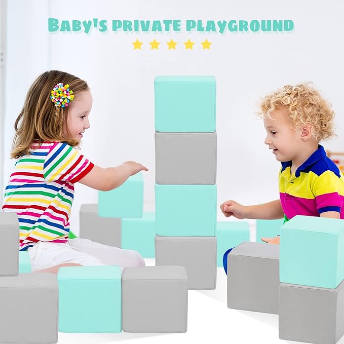 TRENDBOX 6 Pcs Toddler Foam Blocks, 5.5inch Soft Foam Cubes with Detachable Washable Cover, Soft Play Blocks for Toddlers and Kids (Light Gray/Blue)