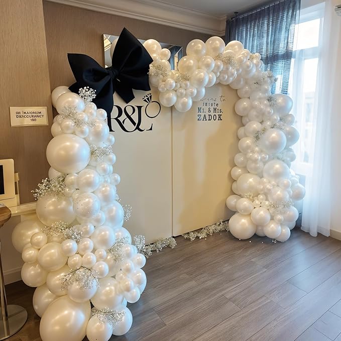 Pearl White Double-Stuffed Balloons Arch Garland Kit, 60 Pack 18/12/10/5 Inch Different Size Standard White Pearl Balloons for Wedding Bridal Shower Anniversary Birthday Engagement Decor