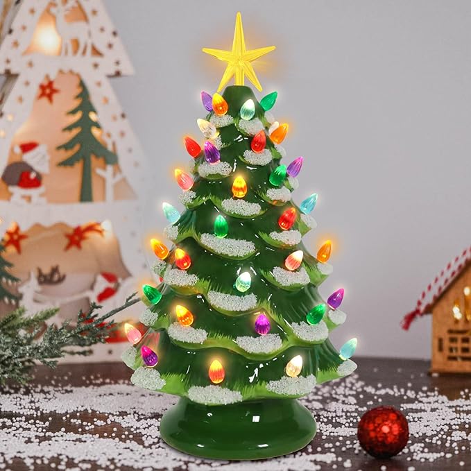 Small Ceramic Christmas Tree Hand-Painted Vintage Tabletop Green White Christmas Tree Holiday Decoration with Multi-Color Lights Xmas Trees 12 inch