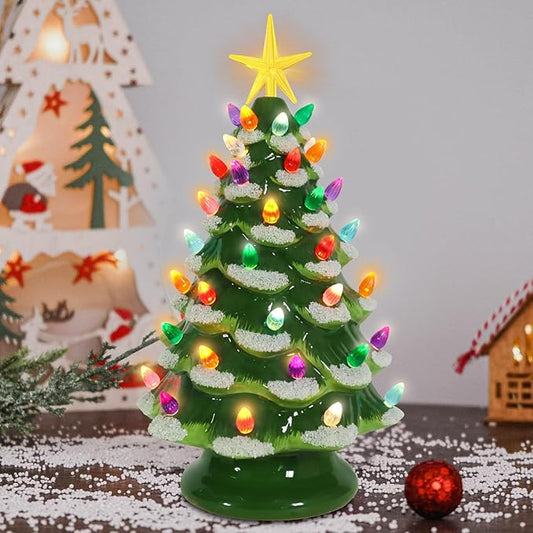 Small Ceramic Christmas Tree Hand-Painted Vintage Tabletop Green White Christmas Tree Holiday Decoration with Multi-Color Lights Xmas Trees 12 inch