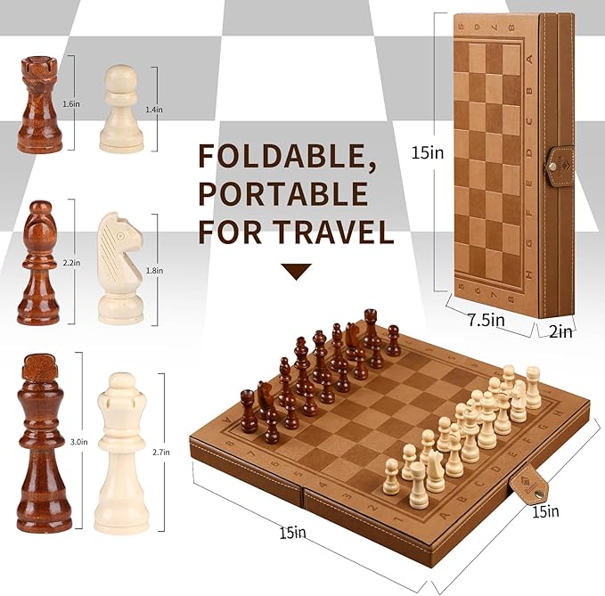 2 in 1 Magnetic Chess Set & Checkers Board Game, 15" Handmade Folding Chess Board, Portable Travel Chess Set, Beginner Chess Board Game for Adults & Kids (15 Inch)