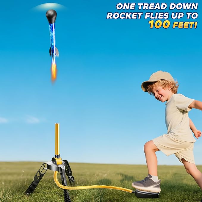 Rockets for Kids Age 4-8 with 4 LED Rockets and Launcher - Outdoor Toys for 4 5 6 7 8-12 Year Old Boy Birthday Gift, Air Powered Flying Toy Shooting Up to 100 Feet, Toys for Kids Ages 8-12