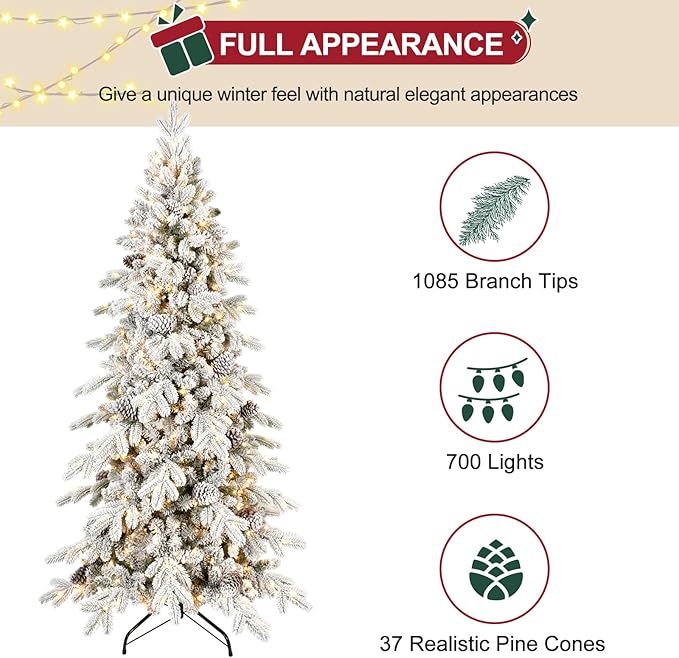 6.5 FT Pre-Lit Snow Flocked Slim Fir Christmas Tree with 1085 PE & PVC Mixed Branch Tips,Artificial Skinny Pencil Xmas Tree with 700 Warm-White Lights & 37 Pine Cones,Hinged Pine Tree with Metal Stand
