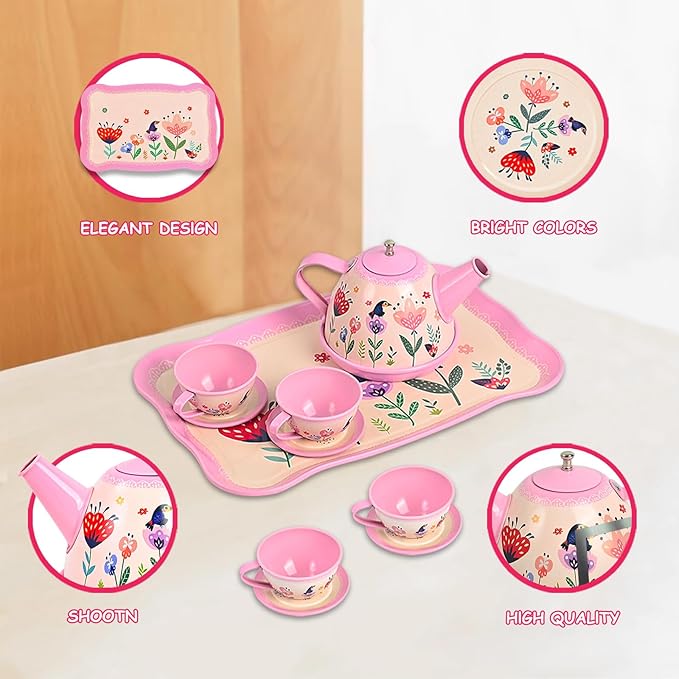 Floral Tea Party Set for Little Girls Ages 3-6, 15-Piece Pretend Play Kitchen Toys with Teapot, Cups, Plates & Storage Case, Princess Gift Set (Pink)