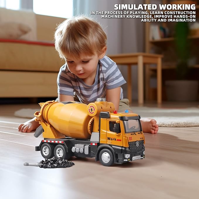Metal Cement Mixer Truck Model with Simulated Sounds and Lights, Construction Truck Toy for Boys Ages 3 and Up