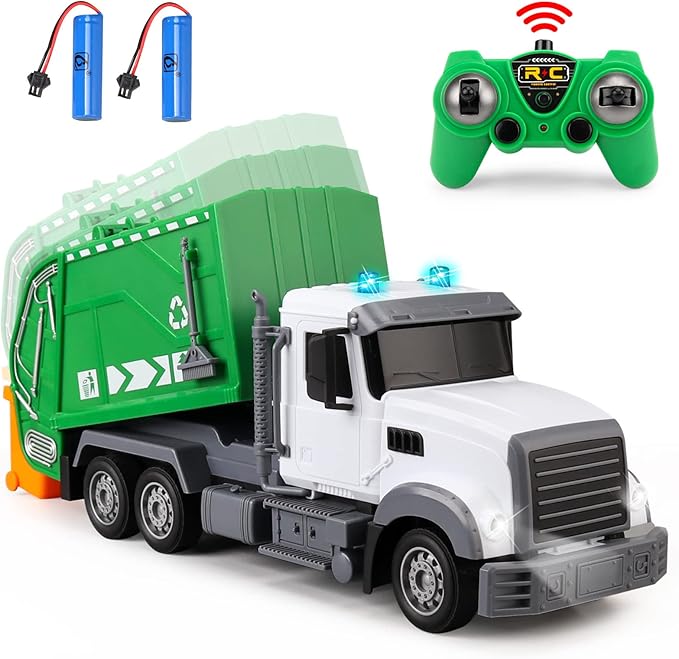 1:24 Scale Remote Control Garbage Truck Toys, 6 Channel RC Waste Management Garbage Truck, 2.4Ghz Recycling Trash Truck Toys with Two Rechargeable Batteries for Boys Kids, 15"