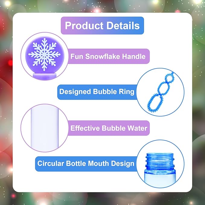 24 Pack Snowflake Bubble Wands for Kids - Large Cartoon Winter Bubbles Bulk with Refill Solution Toys for Christmas Stocking Goodie Bag Stuffers, Carnival, Boys Girls Birthday Gifts Party Favors