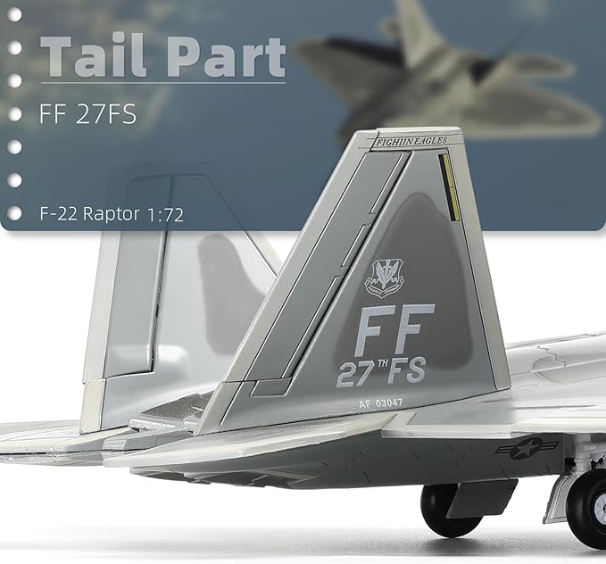Classic USA F22 Raptor Fighter Attack Pre-Build Model 1:72 Aircraft Alloy Diecast Airplane Military Display Model Aircraft for Collection or Gift (FF 27th FS)