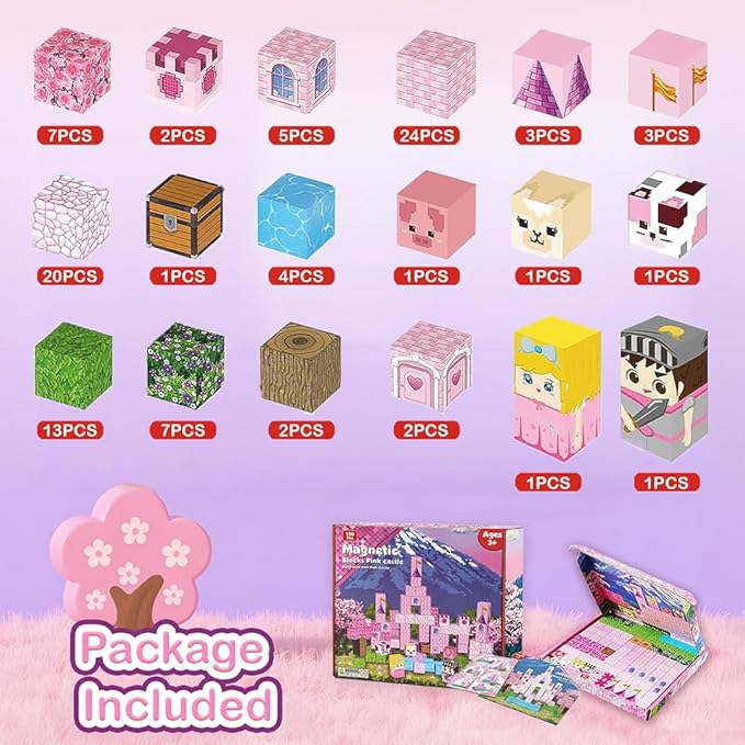100PCS Magnetic Building Blocks for Kids – Pink Princess Castle Magnetic STEM Toys & Cubes, Squares Sets, Princess Gifts for 3-8 Years Old Girls, Birthday Gifts