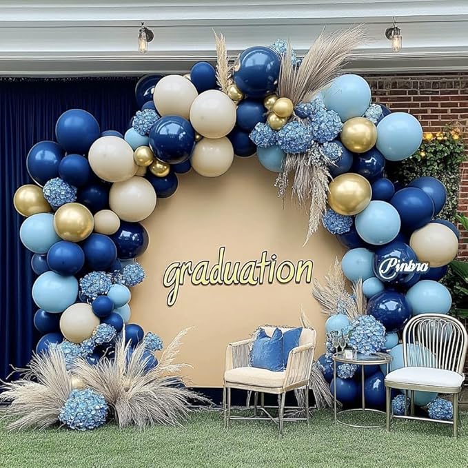 Navy Blue Balloon Garland Double Stuffed Dusty Blue Gold White Sand Balloons Beige Cream Metallic Latex Arch Kit for Neutral Baby Shower Gender Reveal Birthday Wedding Graduation Party Decorations