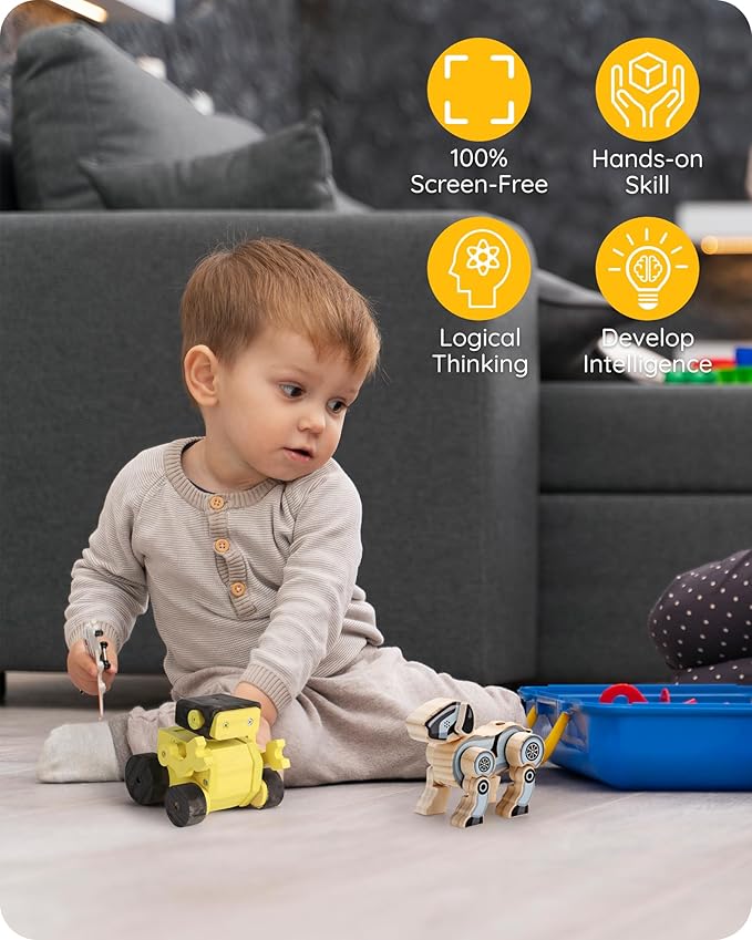 SainSmart Jr. 2-in-1 STEM Kits, Wooden Robot Assembly Toy Set, Woodworking Crafts Projects for Kids, Gift for Boys and Girls