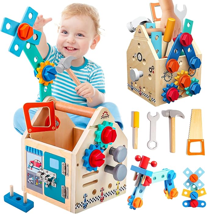 Montessori Toddler Tool Set - 33 PCS Wooden Kids Tools with Box / Bench, Montessori Educational Pretend Play Preschool Toys Gifts for 2 3 4 5 Year Old Boy Girl Kids, STEM Fine Motor Skills Tool Set