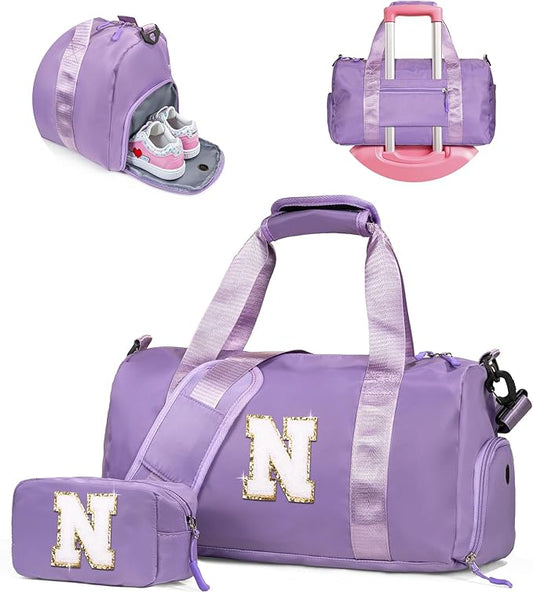 9 Year Old Girl Birthday Gifts-Girl Gym Bag with Shoe Compartment, Kid Personalized Weekender Overnight Bags, Travel Tote with Makeup Pouch, Easter Gift 5 6 7 8 9 10 Year Old (Letter N)