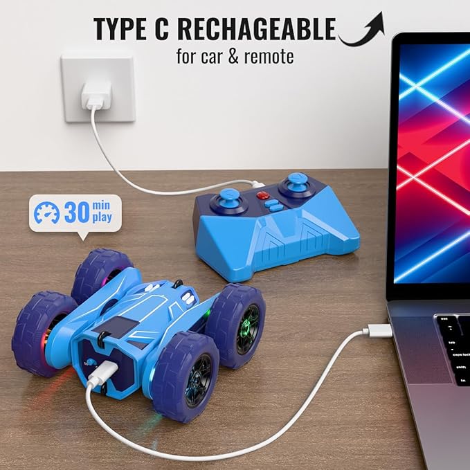 MaxTronic Remote Control Car, Rechargeable RC Cars & Remote Controller - 20km/h Double Sided 360° Rotation Stunt Stunt Crawler with LED Lights for Boys Girls Aged 3-13