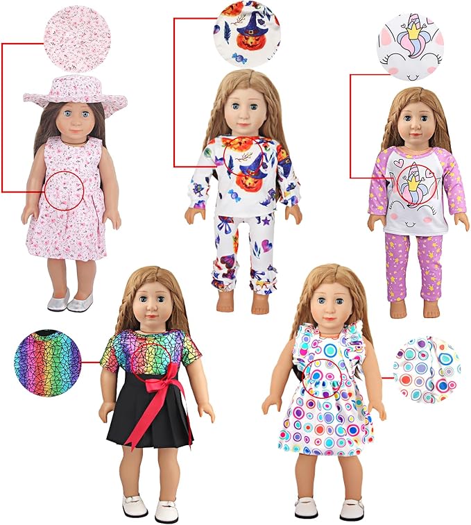 10 Sets of 18 Inch American Doll Clothes, Including 10 of Doll Clothing Dress Outfits for American Dolls, Birthday Gifts for Kids