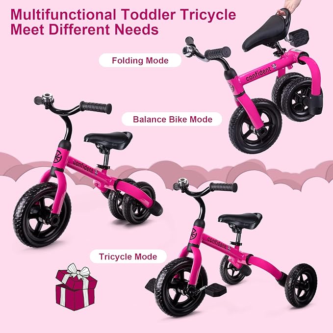 XPIY Tricycle for Toddlers Age 2-5 Years Old, 3 in 1 Folding Toddler Bike for Boys and Girls, Kids' Bike Trike with Detachable Pedal and Adjustable Seat (Pink)