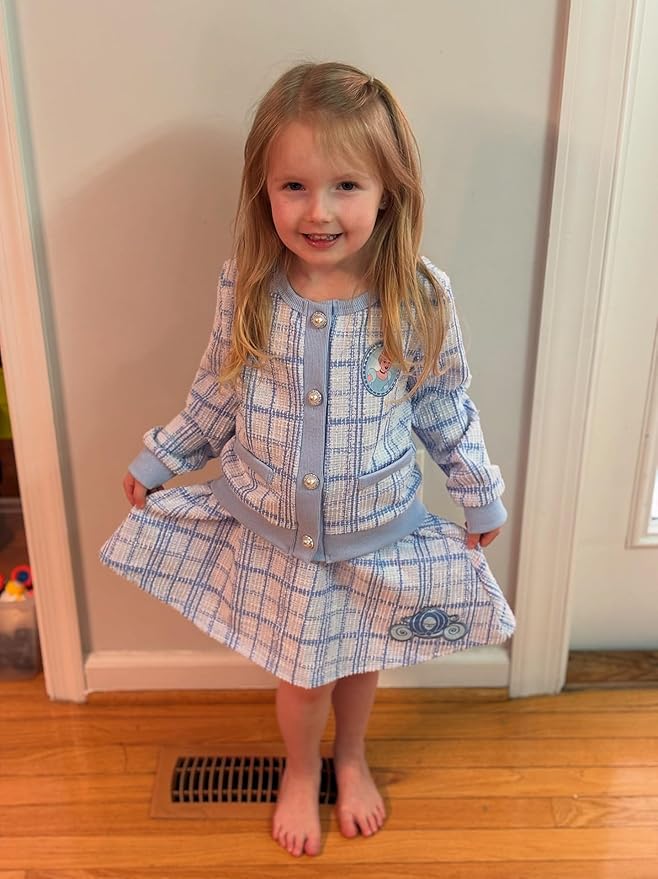 Disney Frozen Elsa Stitch Princess Moana Minnie Toddler Girl 2 Piece Outfit Kid Pearl Button Knit Top & Tweed Skirt Set 2-13Y